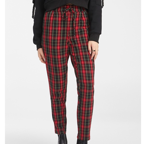 Red check tartan high rise lace-up waist granpa pants NWT - Picture 1 of 8